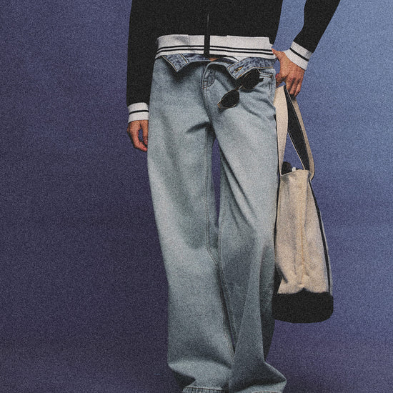 Arosris light wash high-rise wide leg denim jeans styled on a model in various poses, showcasing the structured 100% rigid cotton fit and an effortless 90s-inspired off-duty aesthetic.