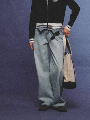 Arosris light wash high-rise wide leg denim jeans styled on a model in various poses, showcasing the structured 100% rigid cotton fit and an effortless 90s-inspired off-duty aesthetic.