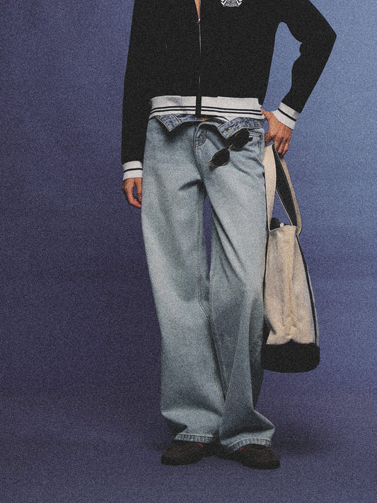 Arosris light wash high-rise wide leg denim jeans styled on a model in various poses, showcasing the structured 100% rigid cotton fit and an effortless 90s-inspired off-duty aesthetic.