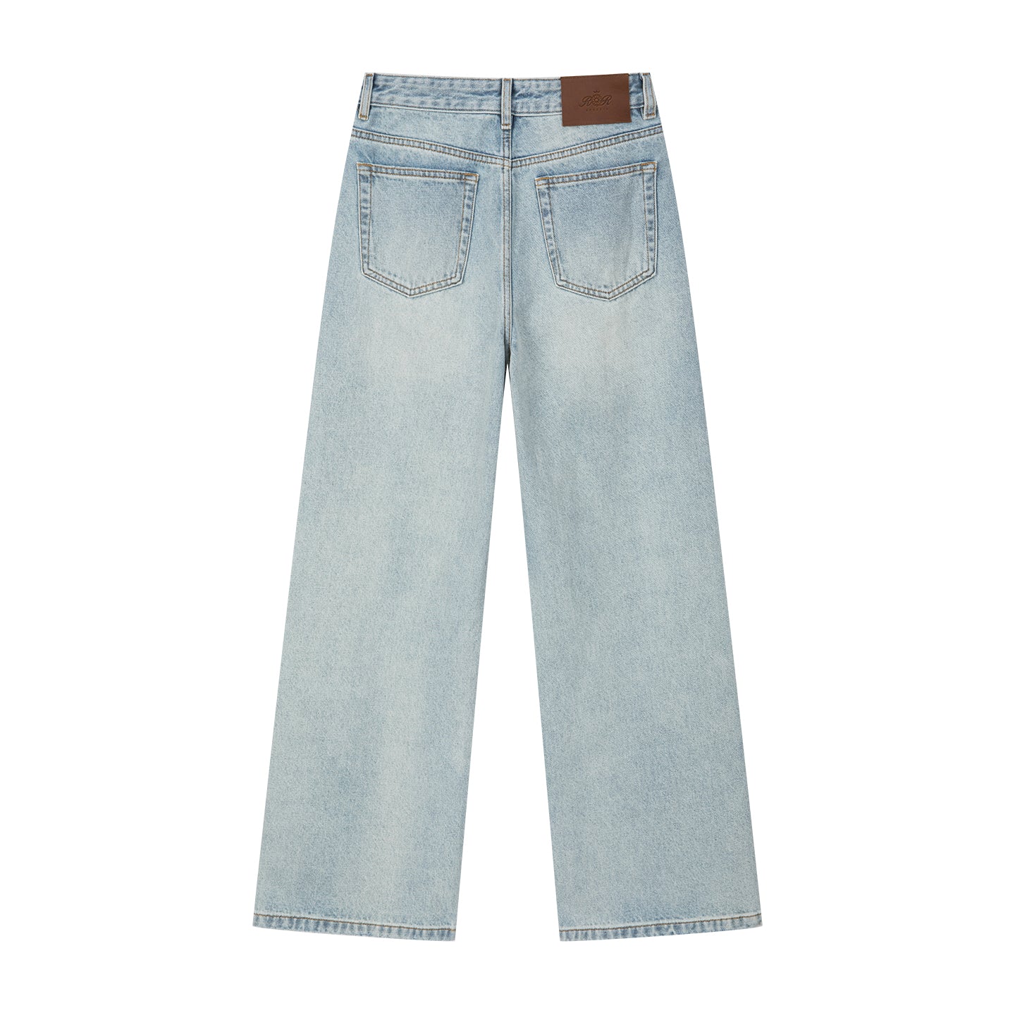 Arosris light wash high-rise wide leg denim jeans displayed in product flat lay views, highlighting the custom vintage wash, traditional 5-pocket construction, and structured non-stretch silhouette.