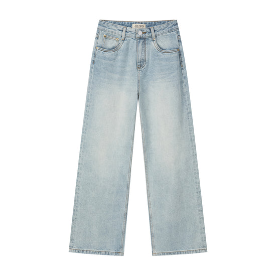 Arosris light wash high-rise wide leg denim jeans displayed in product flat lay views, highlighting the custom vintage wash, traditional 5-pocket construction, and structured non-stretch silhouette.