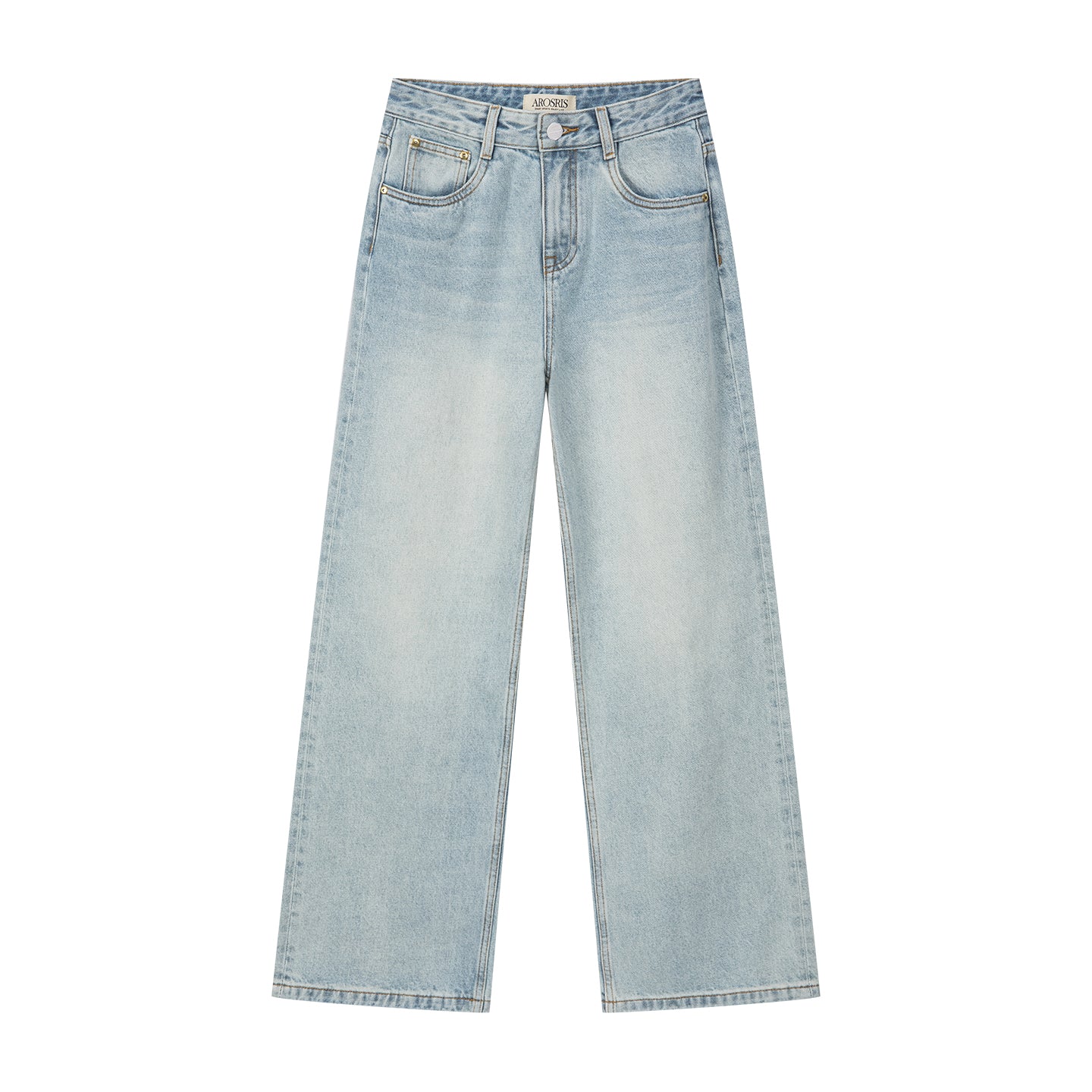 Arosris light wash high-rise wide leg denim jeans displayed in product flat lay views, highlighting the custom vintage wash, traditional 5-pocket construction, and structured non-stretch silhouette.