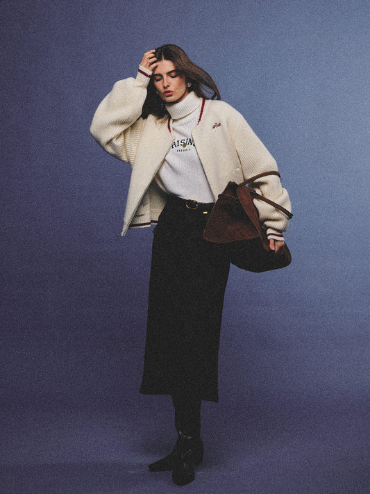 Arosris retro campus white wool varsity zip cardigan, elegantly styled with a knit turtleneck and suede accessories for an effortless 90s old money preppy aesthetic.
