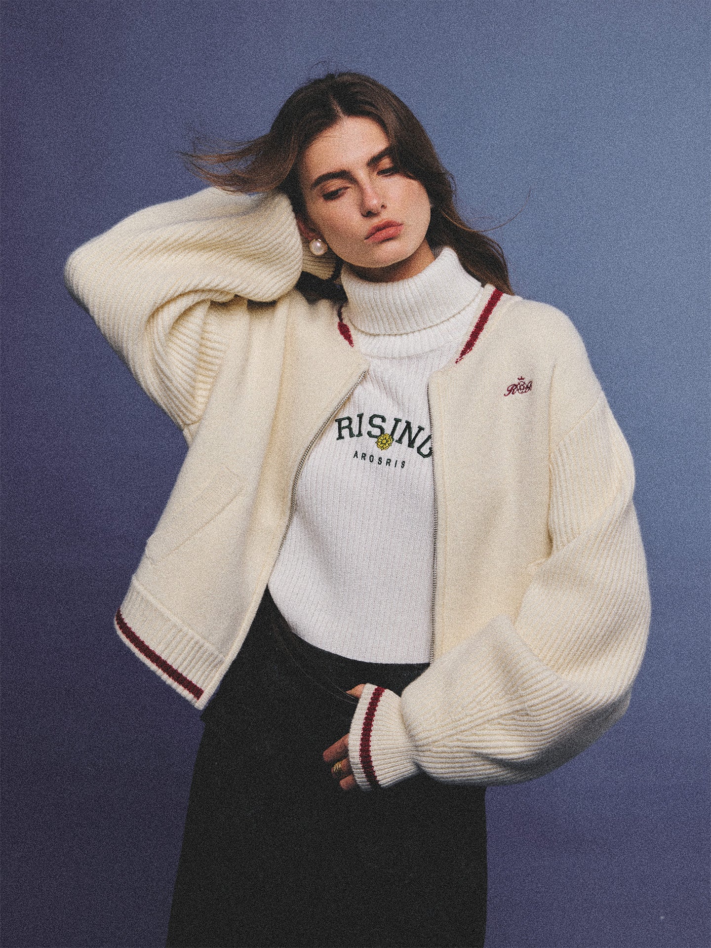 Arosris retro campus white wool varsity zip cardigan, elegantly styled with a knit turtleneck and suede accessories for an effortless 90s old money preppy aesthetic.