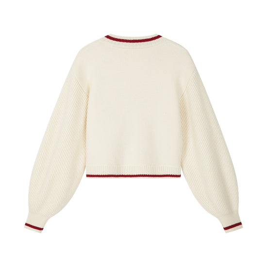 Arosris retro campus white wool varsity zip cardigan showcasing a relaxed bomber silhouette, contrast striped ribbed trims, and premium chest embroidery.