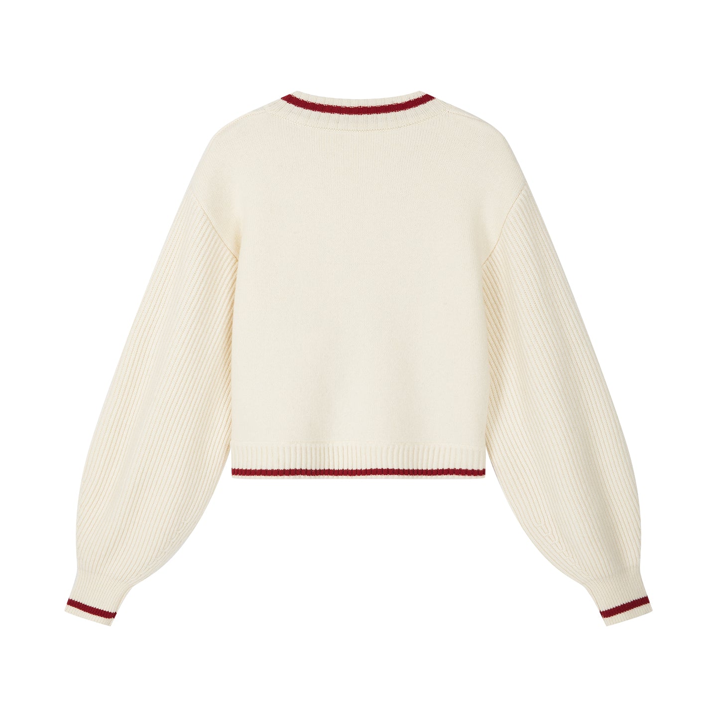 Arosris retro campus white wool varsity zip cardigan showcasing a relaxed bomber silhouette, contrast striped ribbed trims, and premium chest embroidery.