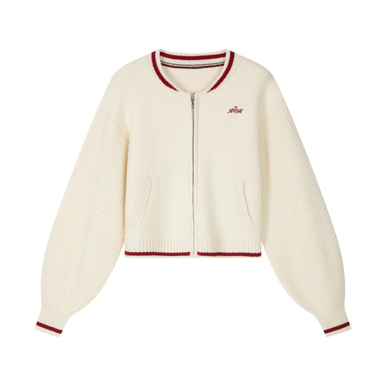 Arosris retro campus white wool varsity zip cardigan showcasing a relaxed bomber silhouette, contrast striped ribbed trims, and premium chest embroidery.