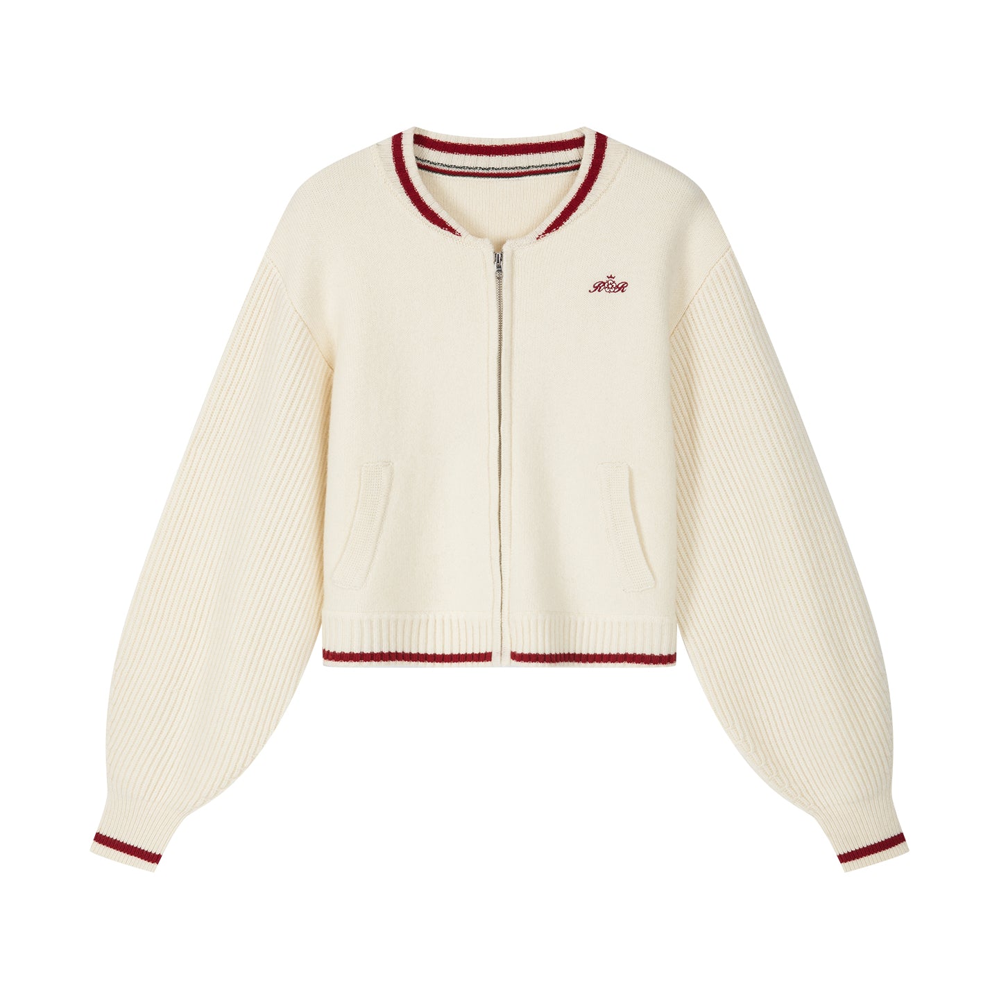 Arosris retro campus white wool varsity zip cardigan showcasing a relaxed bomber silhouette, contrast striped ribbed trims, and premium chest embroidery.