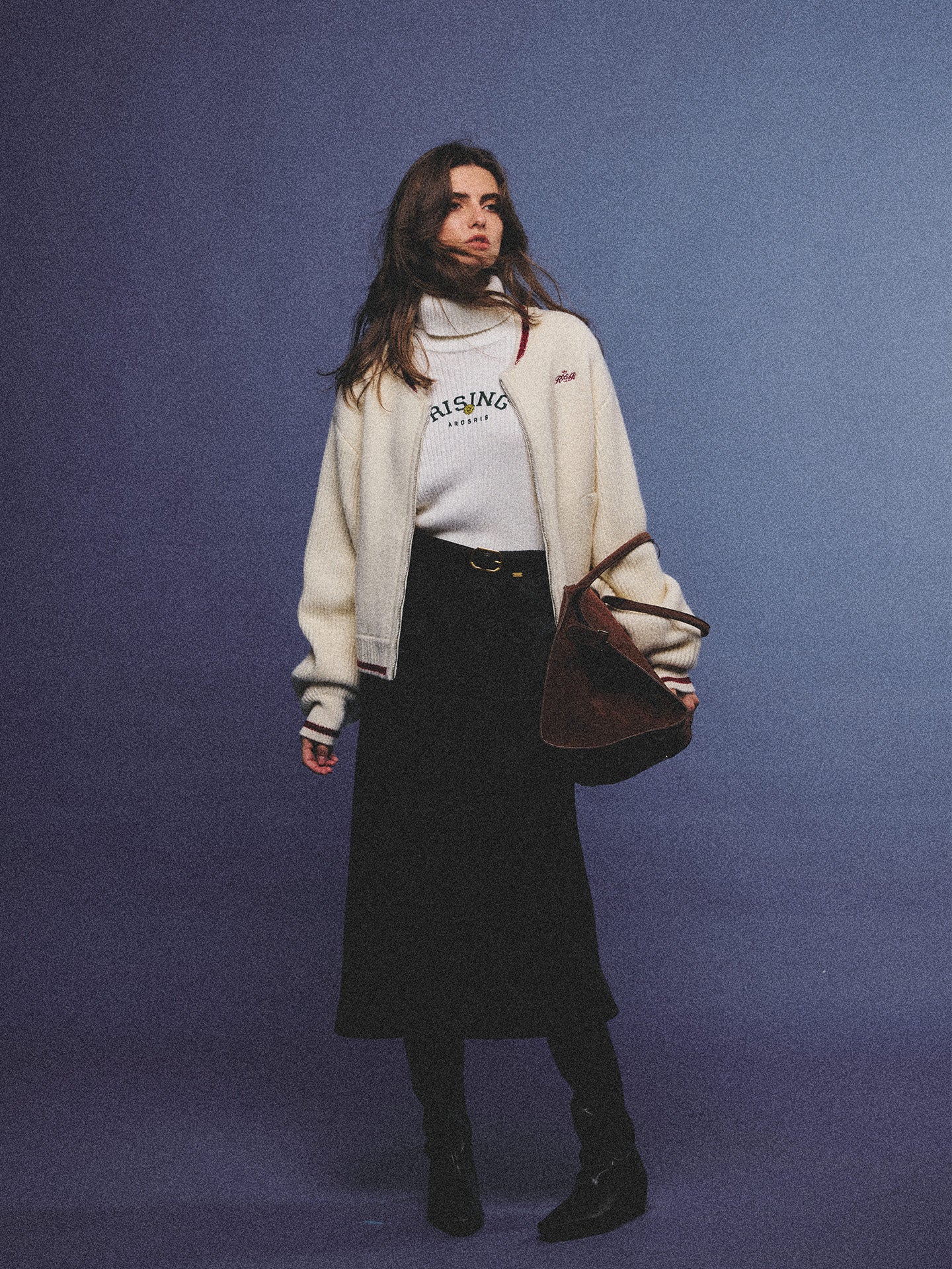 Arosris retro campus white wool varsity zip cardigan, elegantly styled with a knit turtleneck and suede accessories for an effortless 90s old money preppy aesthetic.
